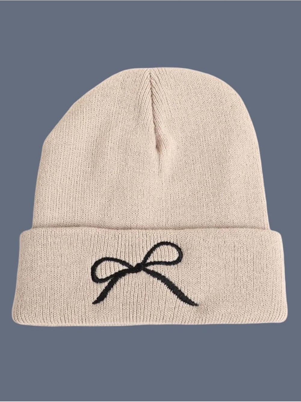 Neutral Cream Beanie Toque with Black Bow Embroidery